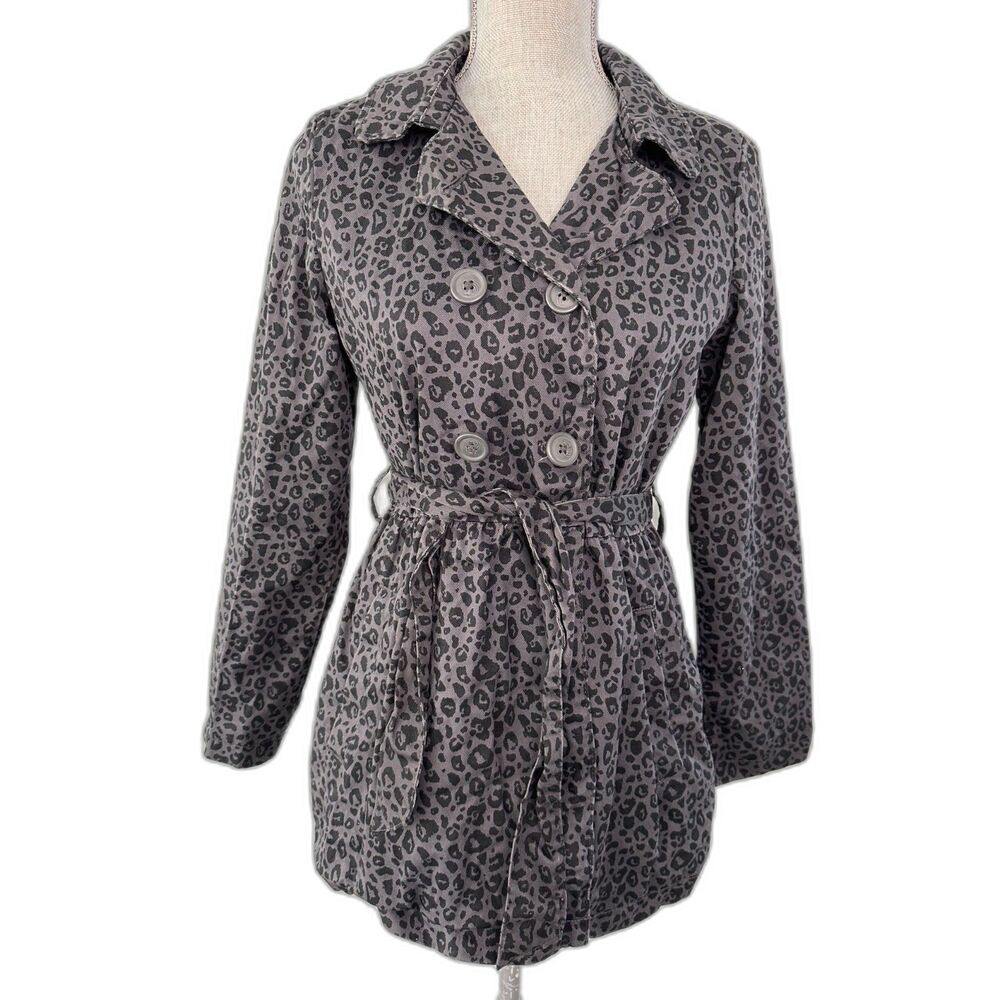Cherokee Grey Cheetah Print Double Breasted Peacoat Jacket Junior Size Medium